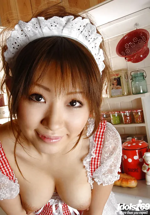 Reon Kosaka: Busty Asian Brunette Strips Out of Her Uniform in the Kitchen – photo 2 of 15