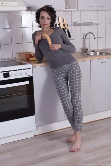 Curly Brunette PAWG Bares Her Bush in the Kitchen