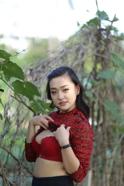 Asian Brunette Poses in Red Lace Lingerie Outdoors – photo 14 of 21