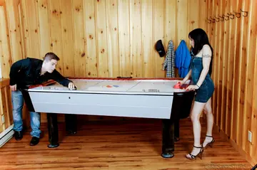 Skinny Brunette Undresses Partner for Sex on the Pool Table