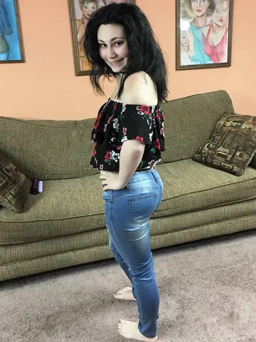 Petite Busty Brunette Strips Off Her Jeans to Toy Her Hairy Holes on the Sofa