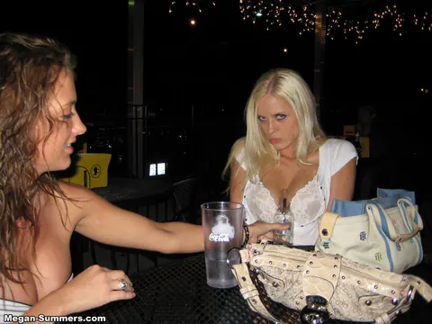 Megan Summers: Busty Blonde in Shorts Gets Help Undressing from Girlfriend Outdoors – photo 5 of 12
