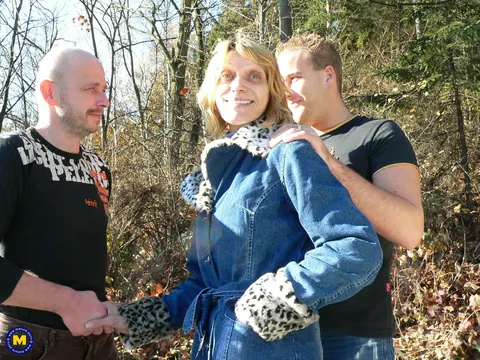Mature European Sucks Two Cocks Outdoors for a Facial – photo 1 of 21