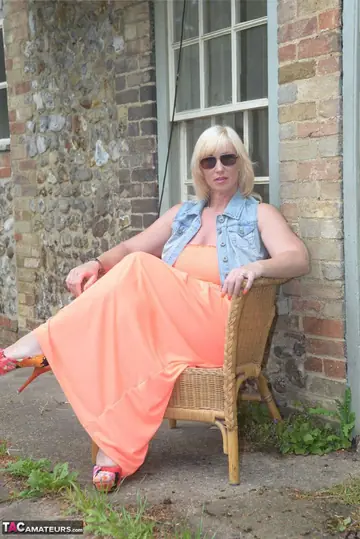 British BBW Blonde Strips Out of Her Skirt and Glasses Outdoors