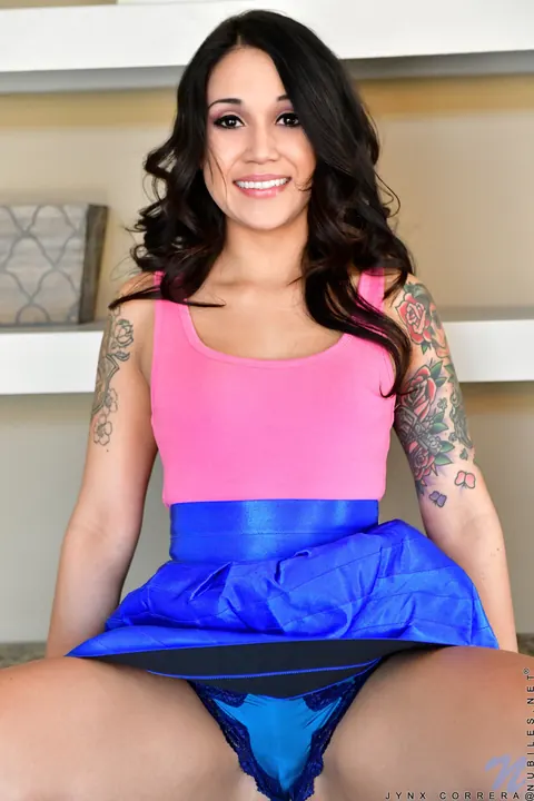 Jynx Correra: Slim Curly Brunette in Panties Plays with a Dildo – photo 3 of 21