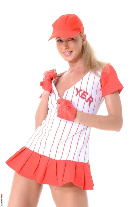Mariana Pokova: Tall Blonde Peels Off Her Baseball Uniform and Spreads in Cap and Sneakers – photo 7 of 15