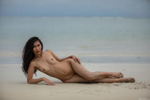 Slim Asian Brunette Poses in a Bikini on the Beach and Strips Nude – photo 11 of 21