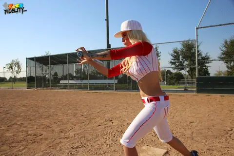 Stevie Shae: Blonde in Softball Uniform Flashes Her Natural Tits Outdoors – photo 16 of 17