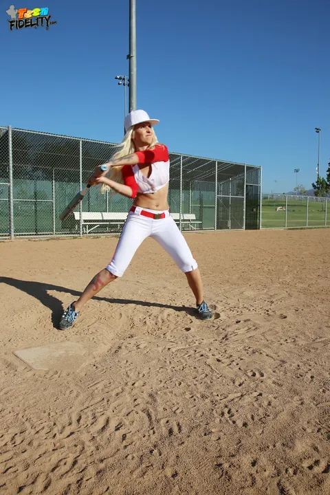 Stevie Shae: Blonde in Softball Uniform Flashes Her Natural Tits Outdoors – photo 10 of 17