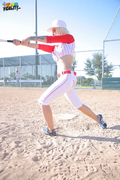 Stevie Shae: Blonde in Softball Uniform Flashes Her Natural Tits Outdoors – photo 4 of 17