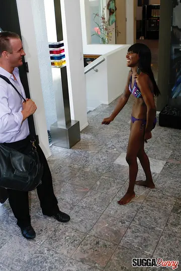 Chanel Bryant – Petite Ebony MILF in a Bikini Sucks Cock and Takes a Facial