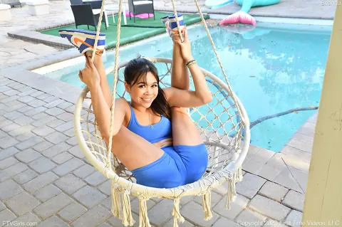 Brianna Arson: Asian Brunette Masturbates with a Dildo in Shorts by the Pool – photo 4 of 15