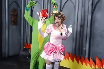 Brooklyn Chase – Busty Brunette in Stockings and Costume Sucks and Fucks Two Men