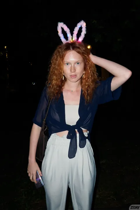 Arina Bik: Curly Redhead Flashes Her Natural Tits in Lingerie Outdoors – photo 7 of 12