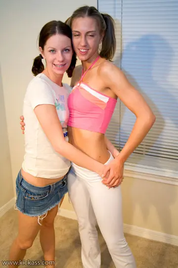 Slim Pigtail Babe and Thick Woman Kiss and Spread Their Pussies
