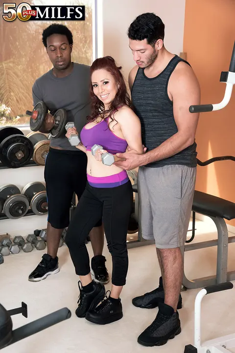 Claudia Fox: Mature Latina Redhead Strips and Takes Two Cocks in the Gym – photo 7 of 16