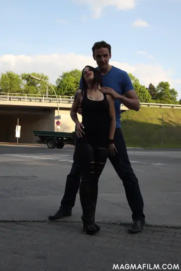 Busty German Brunette in Leather Rides a Partner in the Forest
