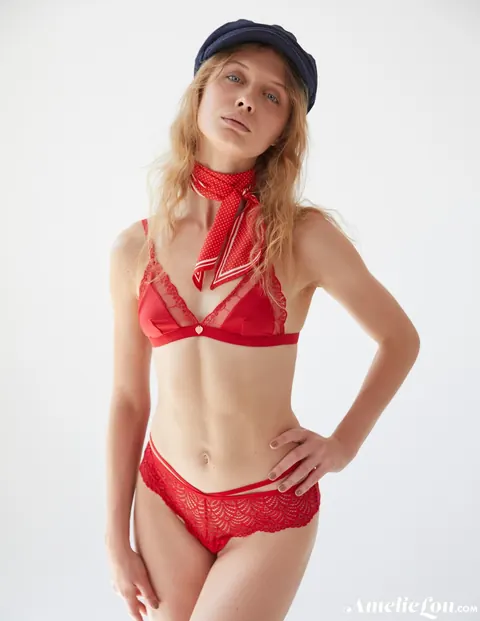 Amelie Lou: European Redhead in Lingerie and Stockings Spreads Her Ass – photo 11 of 21