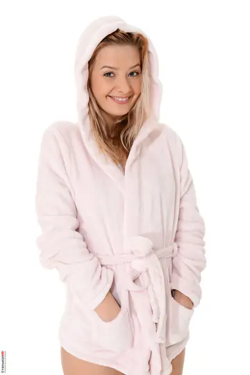 Pale Blonde Babe Removes Her Robe and Spreads Her Hairy Pussy