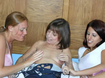 Busty Redhead MILF in Stockings Joins Lesbian Threesome with a Dildo
