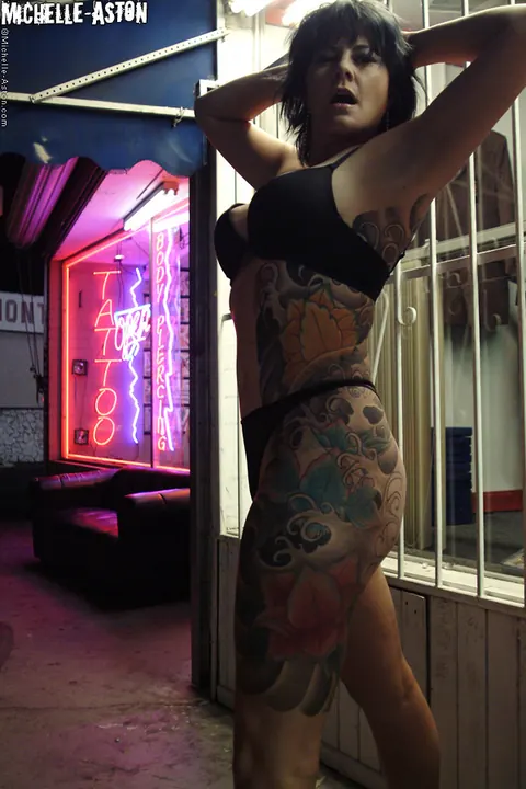 Michelle Aston: Tattooed Brunette MILF Strips Out of Her Lingerie Outdoors – photo 12 of 15