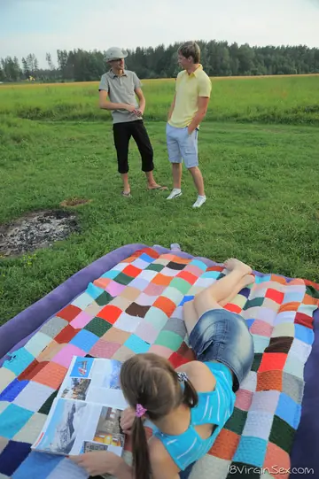 Beata Undine – European Brunette in Panties Enjoys a Threesome with Two Men Outdoors