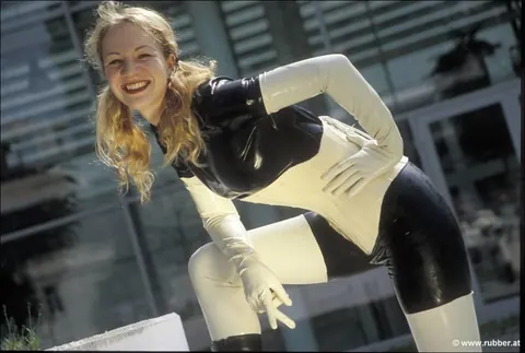 Blonde PAWG in Latex and Boots Poses Outdoors – photo 13 of 16