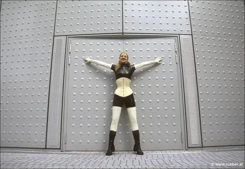 Blonde PAWG in Latex and Boots Poses Outdoors – photo 2 of 16