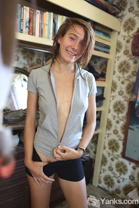 Slim Woman in Shorts Pulls Them Aside to Show Her Hairy Pussy – photo 3 of 16