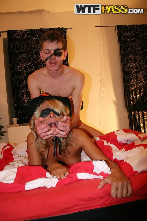 Anette Dawn: Blondes in Panties Share Interracial Blowjobs at Halloween Party – photo 4 of 16