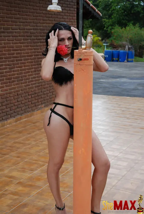 Black-Haired Trans Woman Strokes Her Cock and Swallows Her Load Outdoors – photo 6 of 21