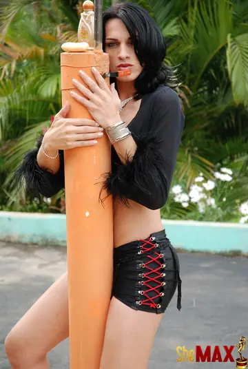 Black-Haired Trans Woman Strokes Her Cock and Swallows Her Load Outdoors