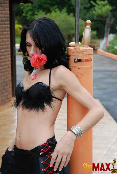 Black-Haired Trans Woman Strokes Her Cock and Swallows Her Load Outdoors – photo 4 of 21