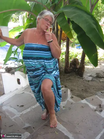 European BBW in Glasses Strips Out of Her Skirt on the Patio