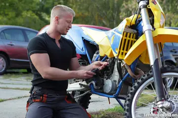 PAWG Rides Cowgirl Outdoors in Front of a Motorcycle