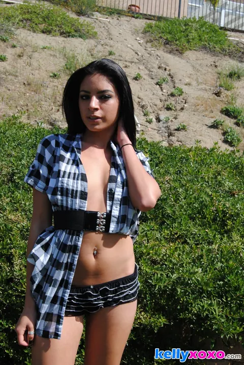 Kelly Xoxo: Latina Brunette Pulls Down Her Ruffled Panties and Bares Her Natural Tits – photo 6 of 16