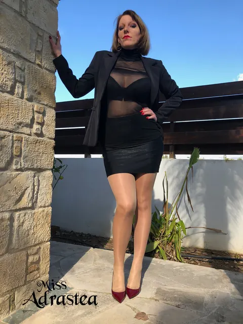 Miss Adrastea: Blonde MILF in Stockings and Heels Shows Off Her Legs Outdoors – photo 15 of 15