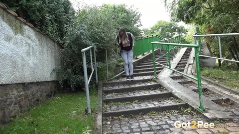 Naomi Bennet: European Brunette in Jeans Pulls Denim Aside on Public Steps – photo 2 of 15