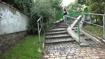 Naomi Bennet – European Brunette in Jeans Pulls Denim Aside on Public Steps