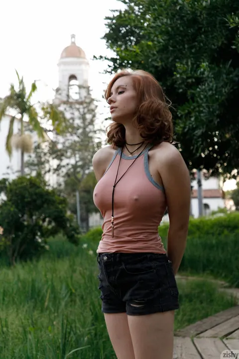 Kayla Coyote: Redhead with Big Natural Tits Strips Off Her Shorts Outdoors – photo 8 of 12