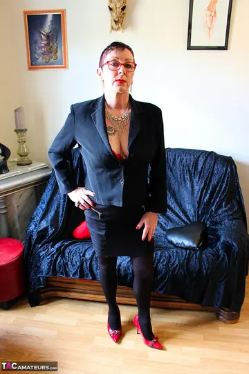 Busty European MILF Strips Off Her Skirt and Spreads Her Hairy Pussy