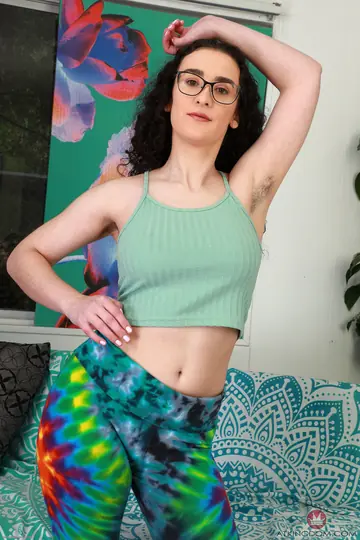 Busty Pale Brunette in Glasses Spreads Her Hairy Pussy
