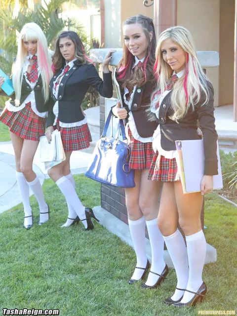 Alexis Capri: Petite Blondes in Uniform Skirts and Socks Strip Outdoors – photo 1 of 20