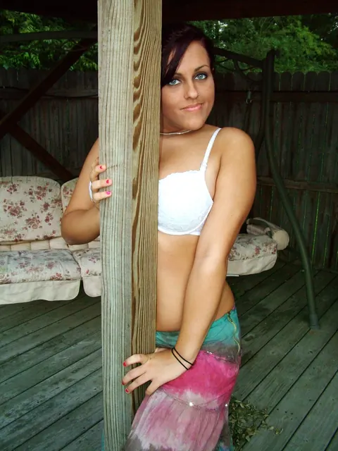 Roxy Belladonna: Redhead Strips Out of Her Dress to a White Bra Outside – photo 16 of 21