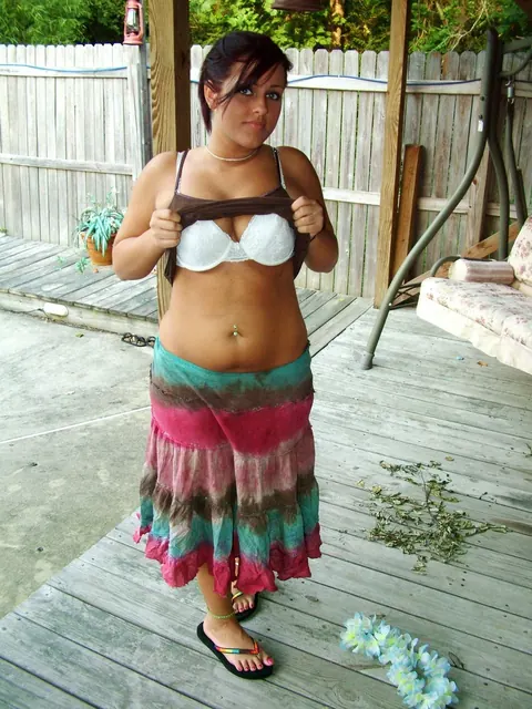 Roxy Belladonna: Redhead Strips Out of Her Dress to a White Bra Outside – photo 12 of 21