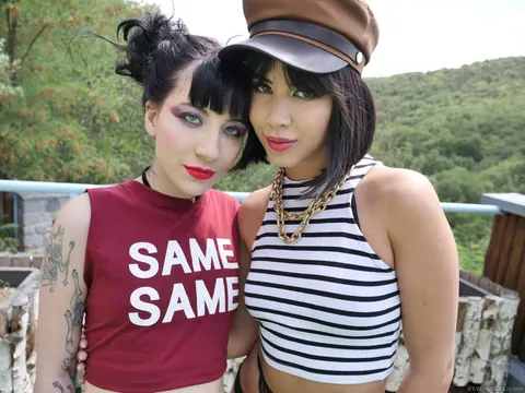 Charlotte Sartre: Two Pale Czech Brunettes in Lingerie Eat Pussy Outdoors – photo 11 of 20