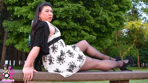 Brunette Asian Trans Woman in Pantyhose Strokes Her Cock – photo 10 of 16