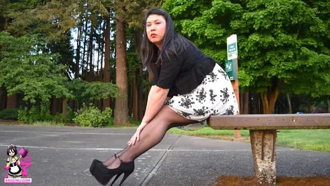 Brunette Asian Trans Woman in Pantyhose Strokes Her Cock – photo 9 of 16