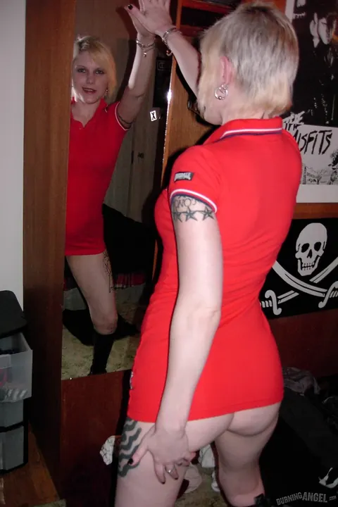 Cadence st john: Short-Haired Blonde in a Red Dress and Boots Flashes Her Naked Body – photo 13 of 17