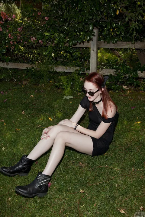 Haley Gladwell: Petite Redhead in a Sheer Dress and Boots Poses Outdoors – photo 8 of 12